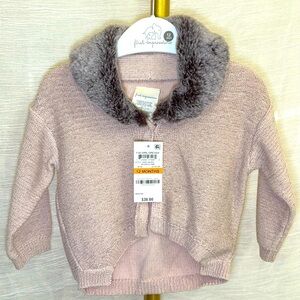 Babygirls knitted blush pink dressy sweater / coat with faux fur collar.